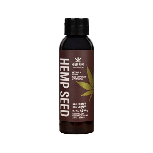 Hemp Seed Massage and Body Oil 60 ml, Nag Champa label with yellow hemp leaf