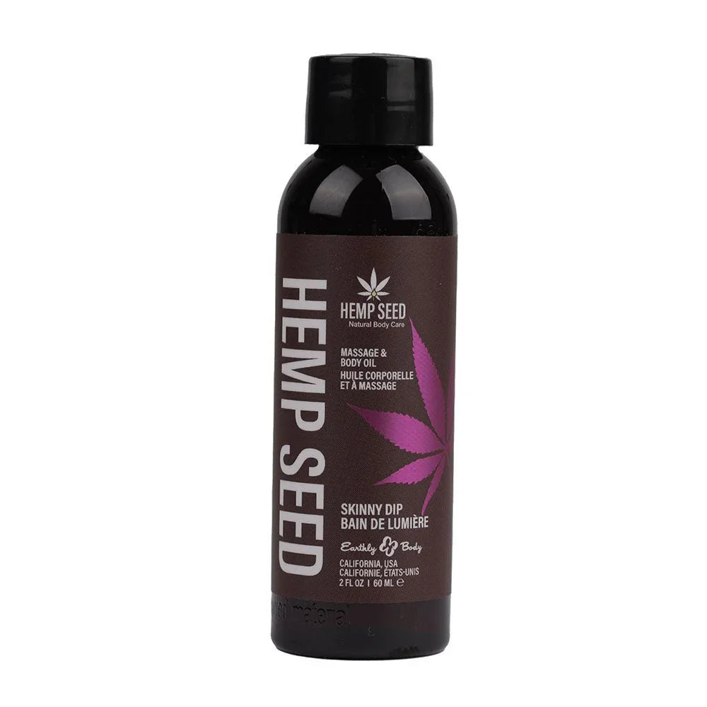 Hemp Seed Massage and Body Oil 60 ml, Skinny Dip label with pink hemp leaf