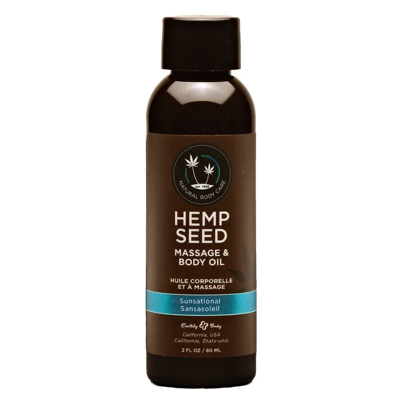 Hemp Seed Massage and Body Oil 60 ml, blue Sunsational label, front view