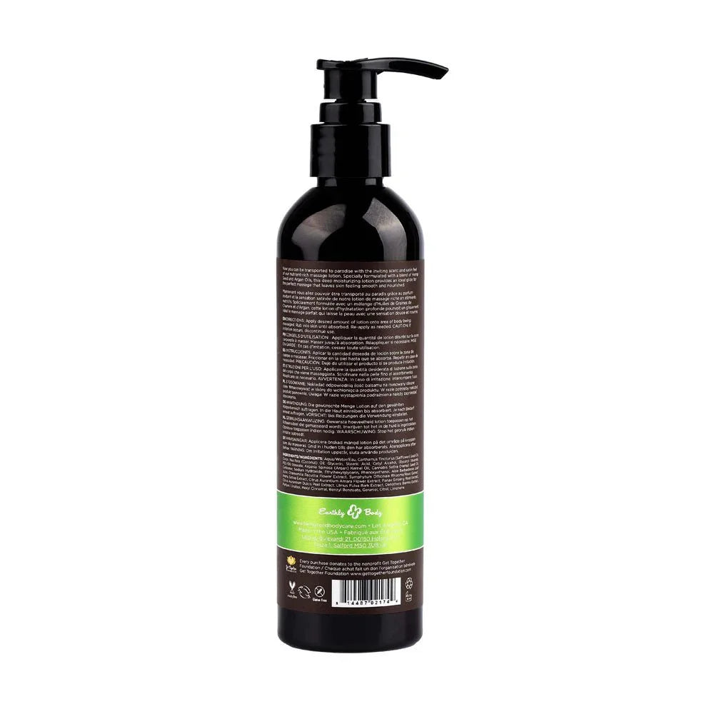 Hemp Seed Massage Lotion 237 ml Naked in the Woods, back label with ingredients