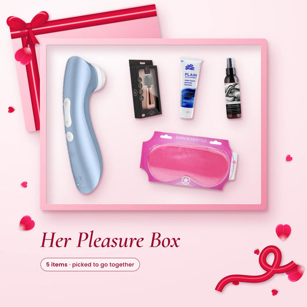 Her Pleasure Box: a blue Satisfyer Pro 2+, boxed Lush Chloe wand, lube, toy cleaner and a pink blindfold on pink