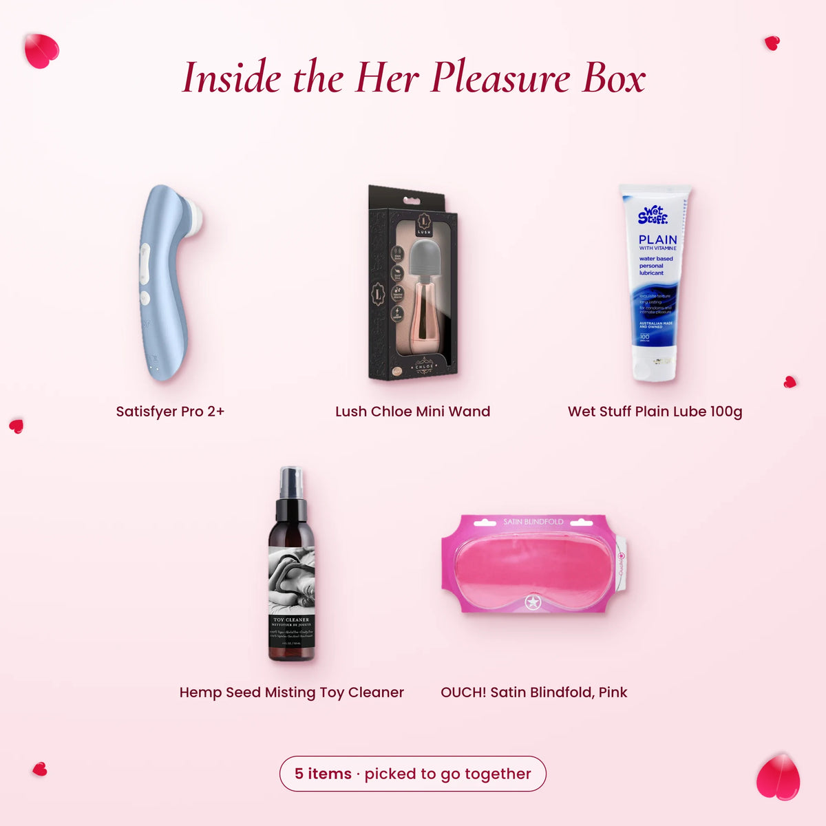 Inside the Her Pleasure Box: Satisfyer Pro 2+, Lush Chloe mini wand, Wet Stuff lube, toy cleaner and pink satin blindfold