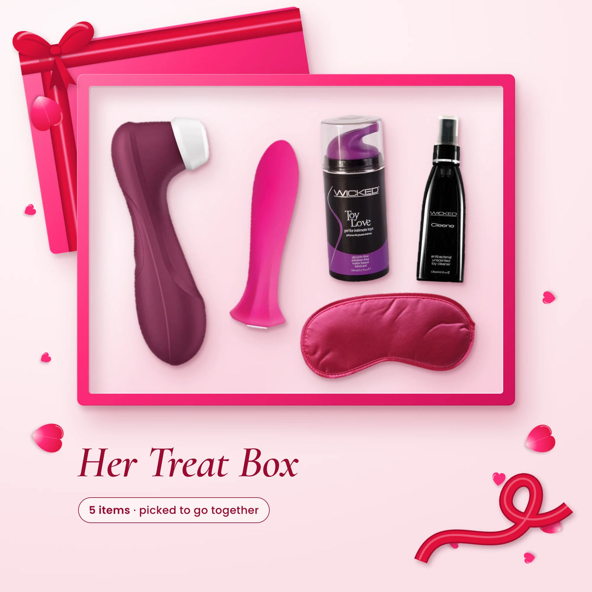 Her Treat Box: Satisfyer Pro 2 Generation 3, Evolved The Queen Bullet, Wicked Toy Love Lube 100ml, Wicked Cleene Toy…