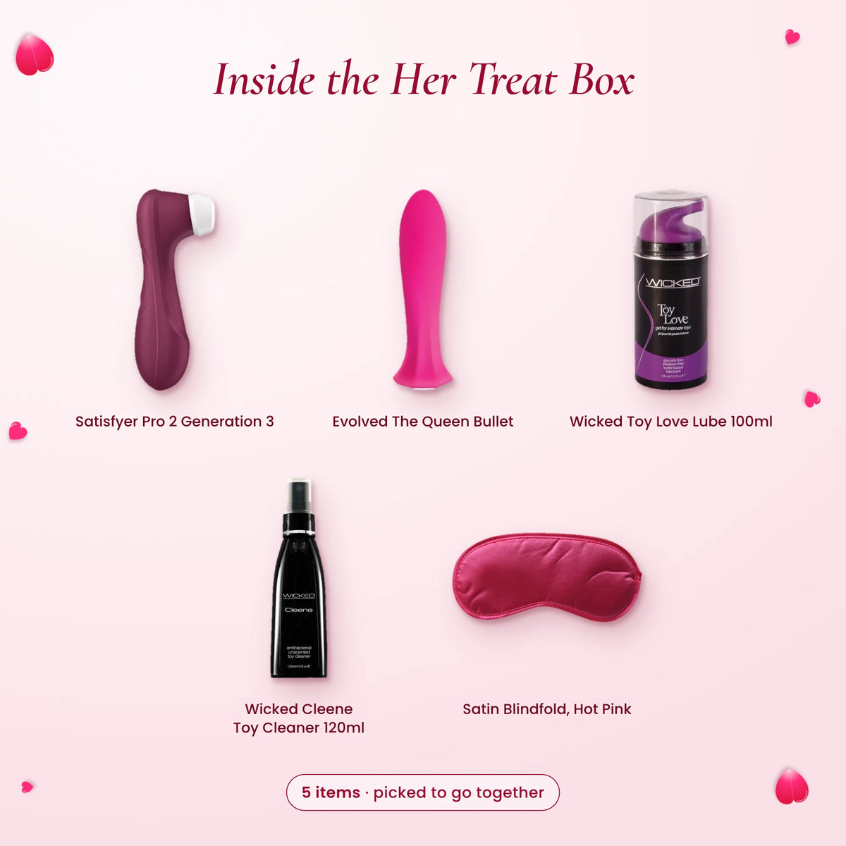 What's inside the Her Treat Box: Satisfyer Pro 2 Generation 3, Evolved The Queen Bullet, Wicked Toy Love Lube 100ml…