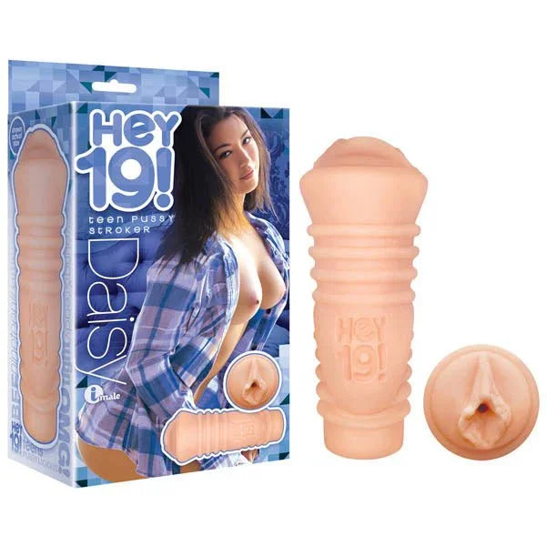 Hey 19! Daisy Haze retail box beside the flesh stroker and a close-up of its opening