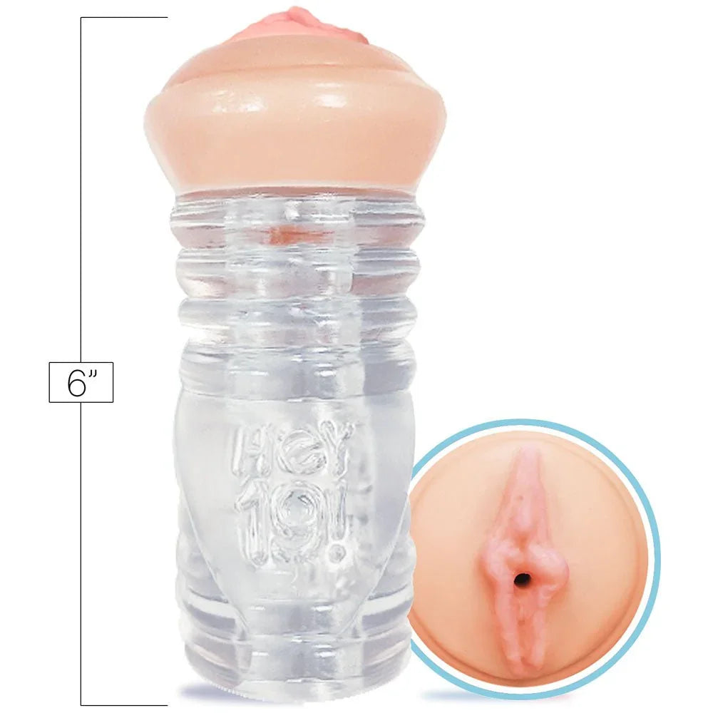 Hey 19! Leah Gotti clear stroker measured at 6 inches with a close-up of the opening