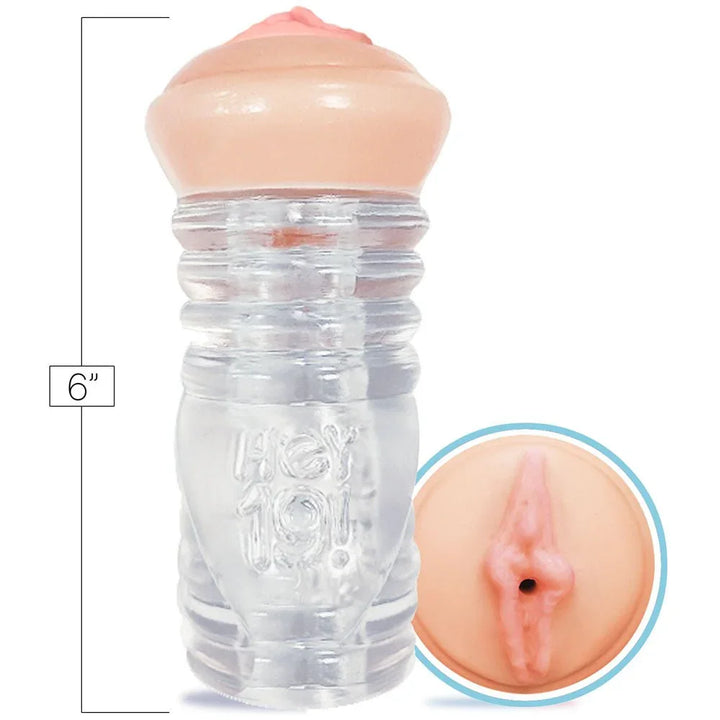 Hey 19! Leah Gotti clear stroker measured at 6 inches with a close-up of the opening
