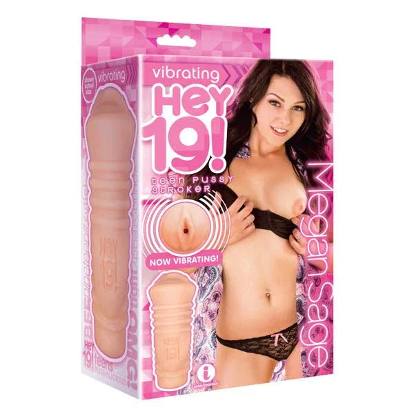 Vibrating Hey 19! Megan Sage retail box, pink, picturing the flesh vagina stroker