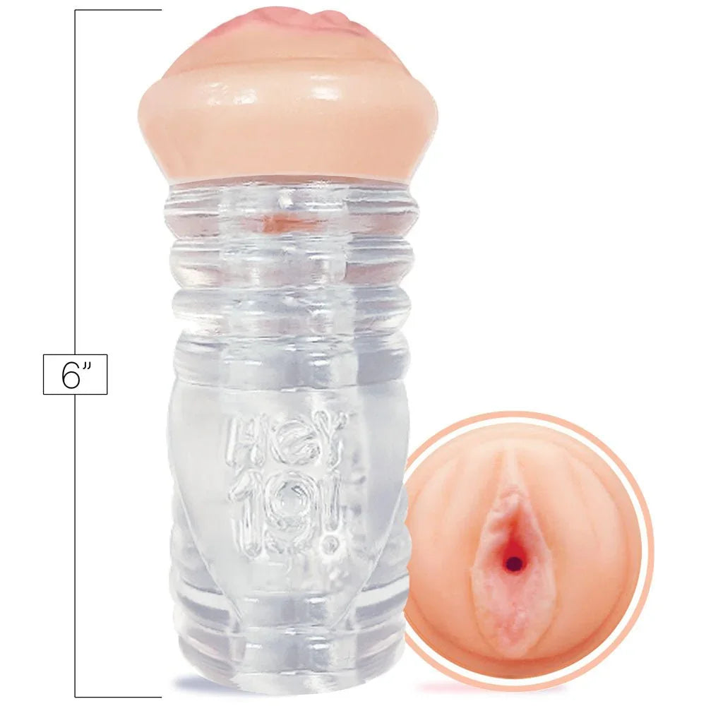 Hey 19! Nadia Styles clear stroker measured at 6 inches with a close-up of the opening