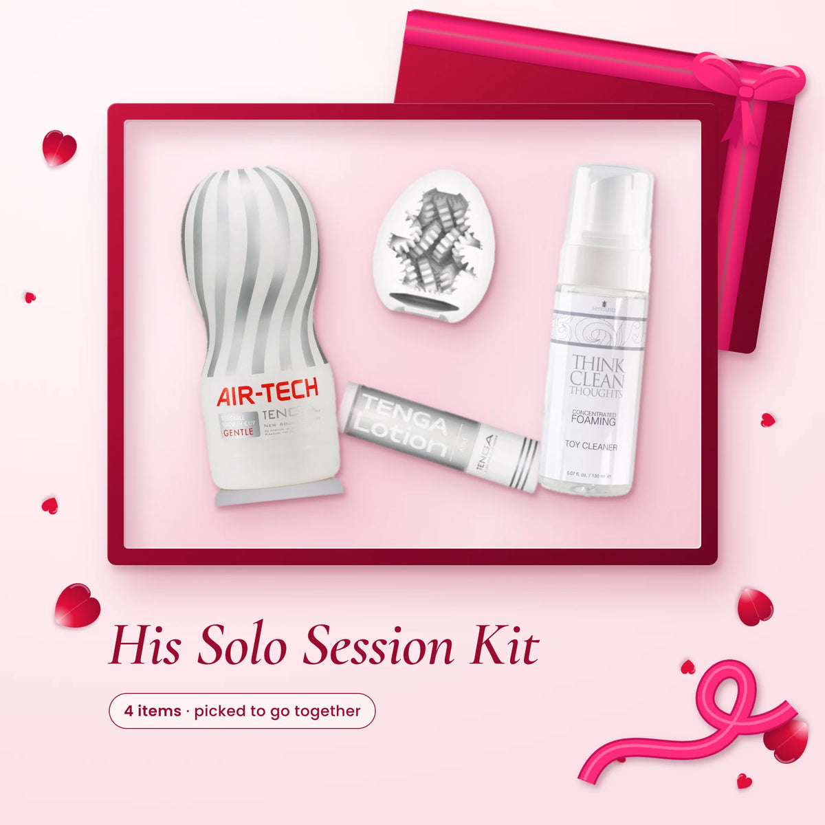 His Solo Session Kit: Tenga Air-Tech Vacuum Cup, Tenga Egg Hard Boiled, Tenga Lotion and Think Clean Thoughts Toy Cleaner
