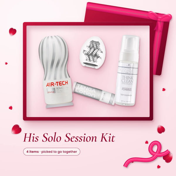 His Solo Session Kit: Tenga Air-Tech Vacuum Cup, Tenga Egg Hard Boiled, Tenga Lotion and Think Clean Thoughts Toy Cleaner
