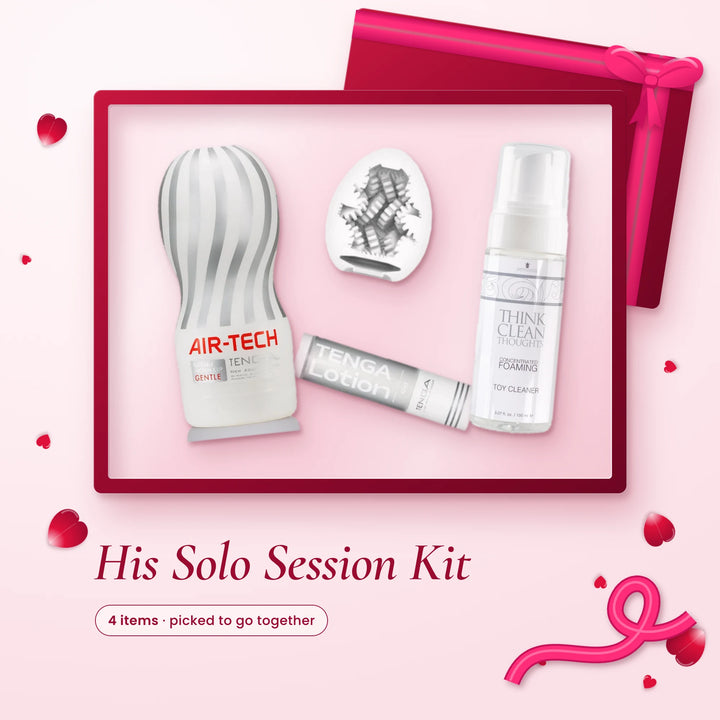 His Solo Session Kit: Tenga Air-Tech Vacuum Cup, Tenga Egg Hard Boiled, Tenga Lotion and Think Clean Thoughts Toy Cleaner