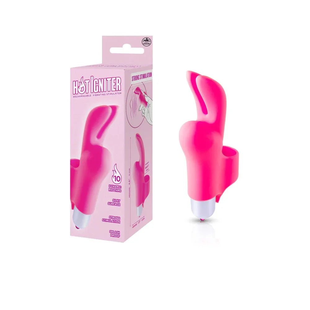 Hot Igniter finger stimulator in Pink, flame-tip sleeve beside its pale pink box