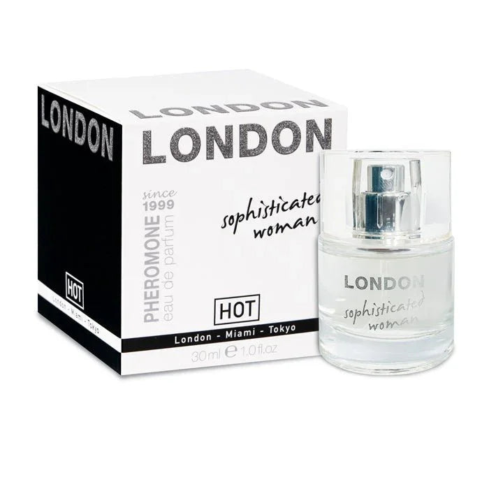 HOT London sophisticated woman pheromone perfume 30ml bottle and product packaging