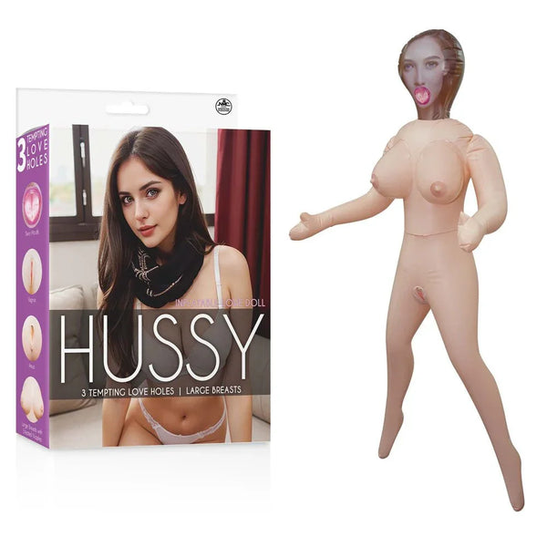 Hussy Sona inflatable doll, open mouth, beside her purple photo box