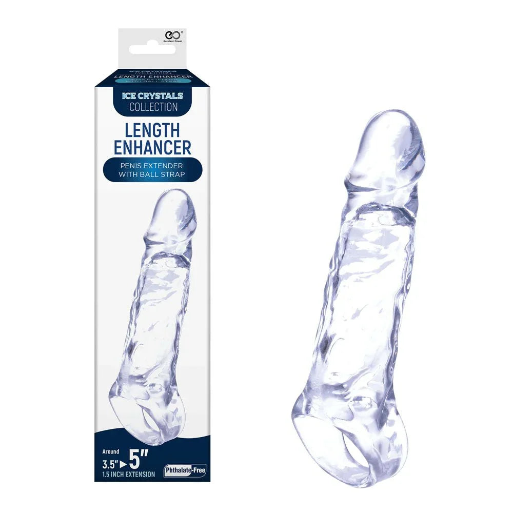 Ice Crystals 1.5 inch length enhancer in Clear, sleeve beside its 5 inch box