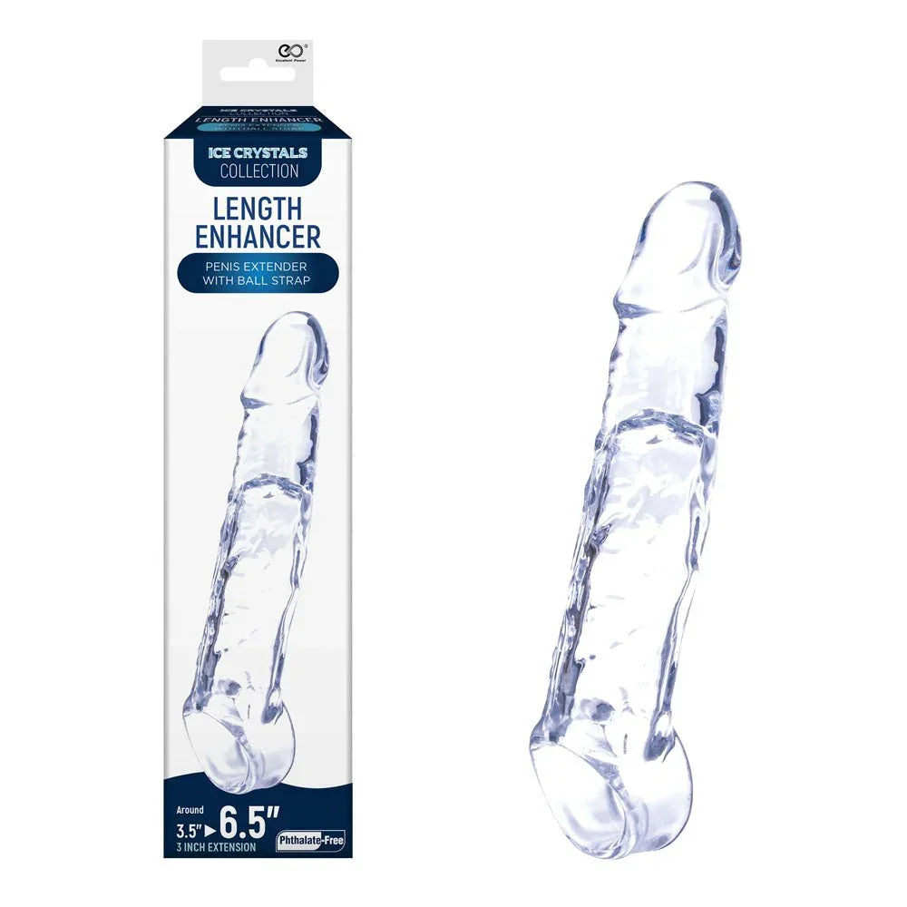 Ice Crystals 3 inch penis extension sleeve in Clear, with ball strap, beside its box