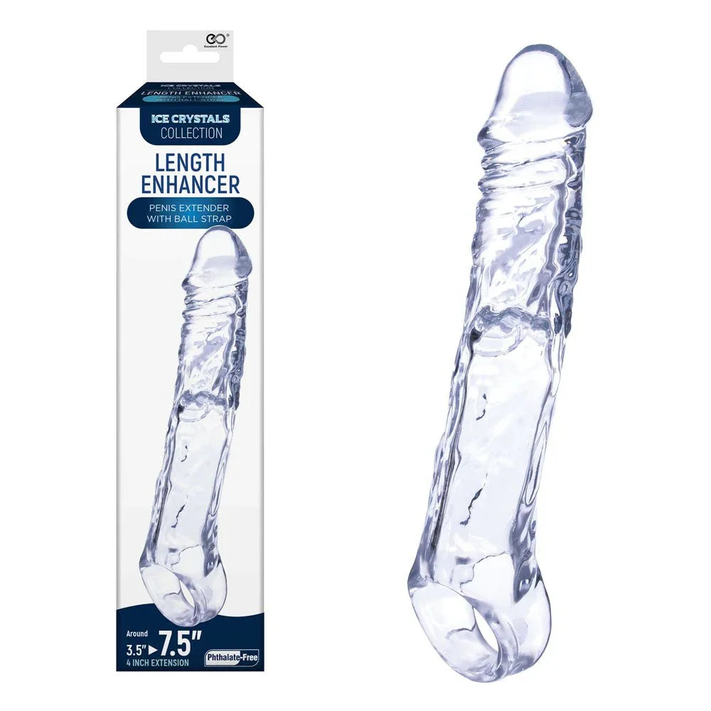 Ice Crystals 4 inch length enhancer in Clear, long sleeve beside its 7.5 inch box