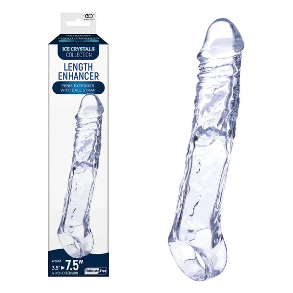Ice Crystals 4 inch length enhancer in Clear, long sleeve beside its 7.5 inch box