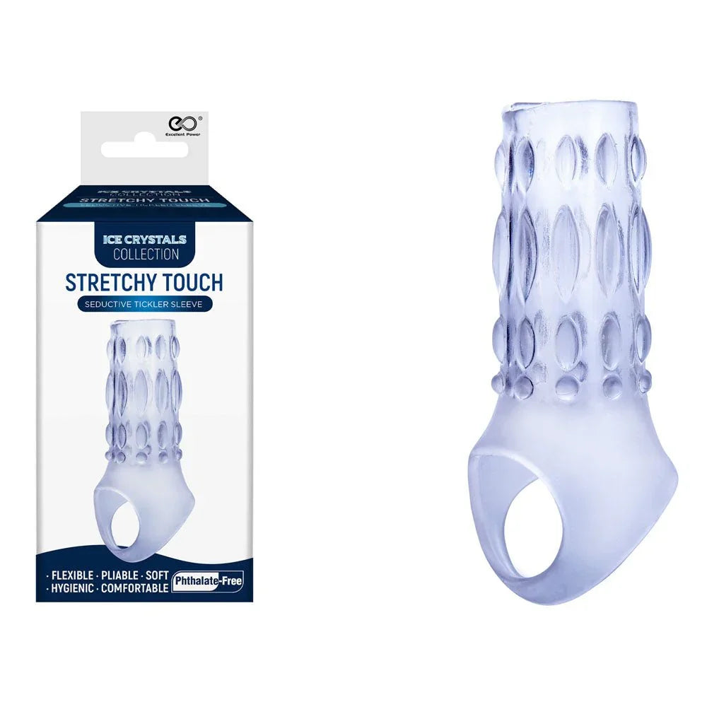 Ice Crystals Stretchy Touch tickler sleeve in Clear, dotted texture with ball loop, and box