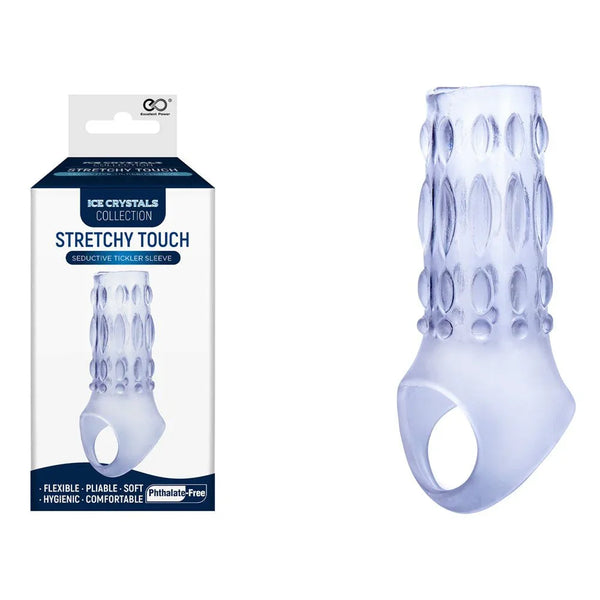 Ice Crystals Stretchy Touch tickler sleeve in Clear, dotted texture with ball loop, and box