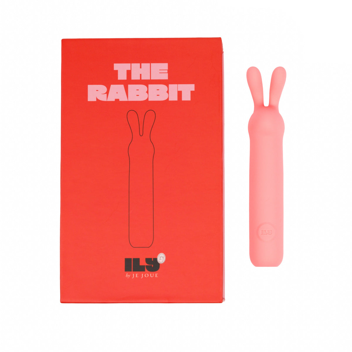 ILY The Rabbit coral pink vibrator beside its red retail box