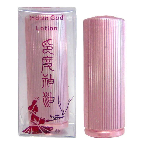 Indian God Lotion spray, pink ribbed canister beside its printed sleeve