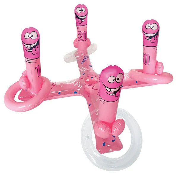 Ozze Pecker Toss inflatable hens game, pink blow-up ring toss with cartoon faces