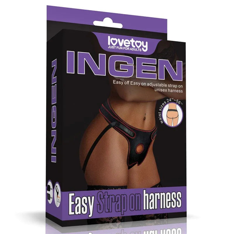 Lovetoy Ingen Easy Strap-On harness in Black shown with its purple retail box