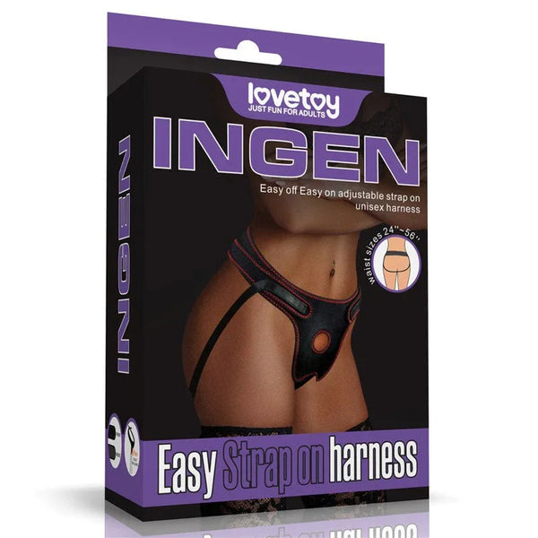 Lovetoy Ingen Easy Strap-On harness in Black shown with its purple retail box