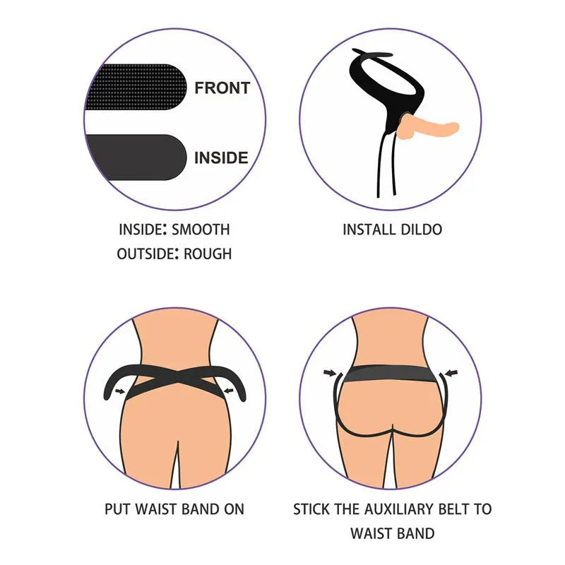 Ingen harness instructions: smooth inside, install dildo, fit waistband, attach auxiliary belt