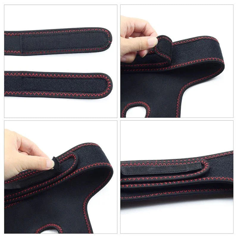 Four detail shots of the black Ingen harness: waist strap, velcro closure and neoprene panel