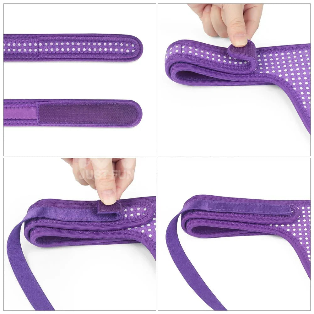 Four close-ups of the purple Ingen harness showing the velcro waistband fastening