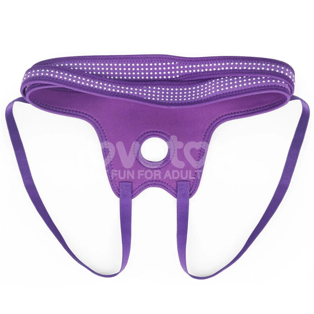 Purple Ingen harness front-on, showing the spotted panel, centre O-ring and leg straps