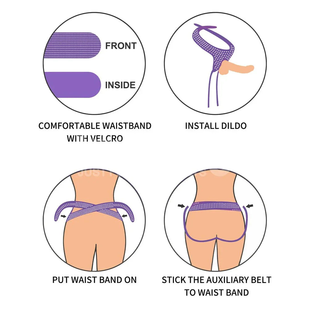Purple Ingen harness guide: velcro waistband, install dildo, put waistband on, attach belt