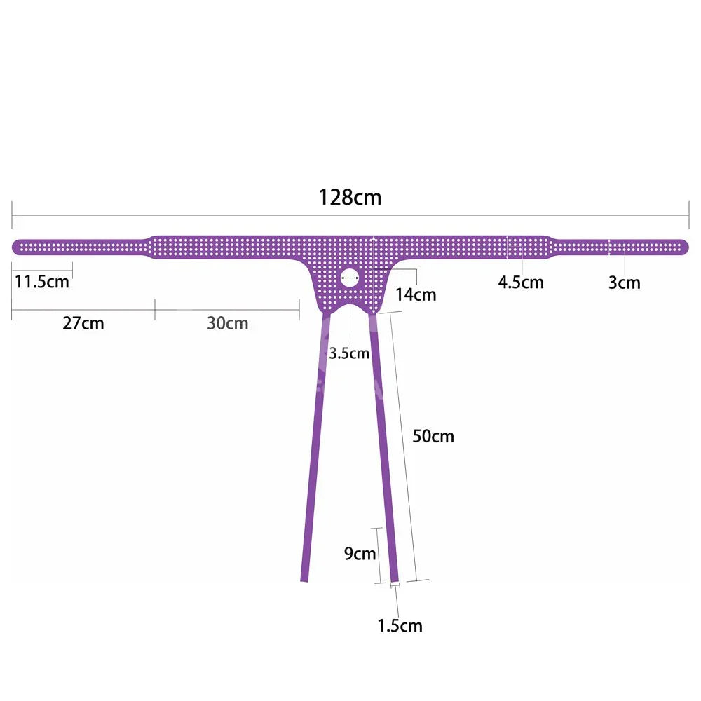 Purple Ingen harness measurement diagram: 128 cm waistband, 50 cm leg straps, 14 cm panel