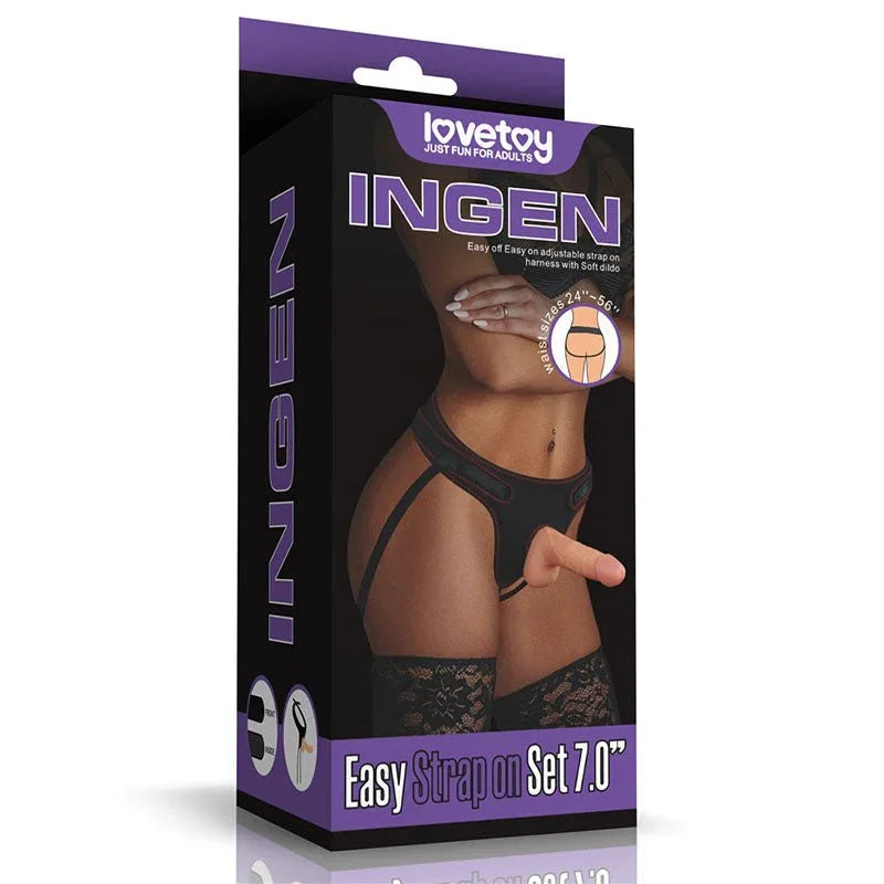 Lovetoy Ingen Easy Strap-On Set 7 inch retail box, showing a model wearing the black harness