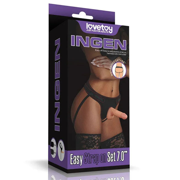 Lovetoy Ingen Easy Strap-On Set 7 inch retail box, showing a model wearing the black harness