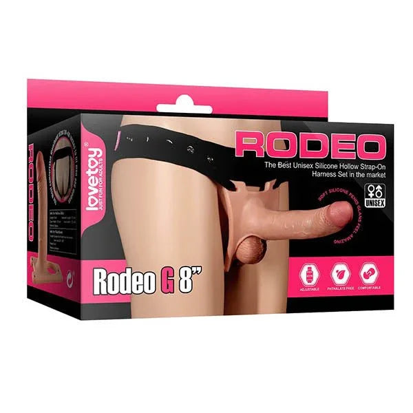 Lovetoy Rodeo G 8 inch hollow strap-on retail box, showing the harness and sleeve worn on a model
