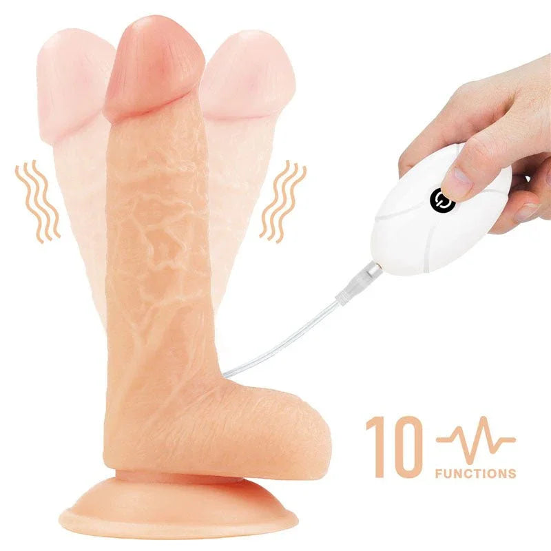 Flesh 7 inch vibrating dildo with vibration lines and its white wired remote, 10 functions