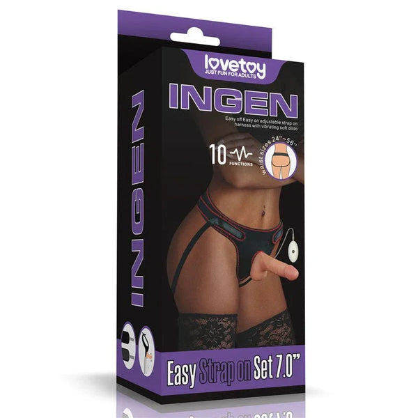 Lovetoy Ingen Vibrating Easy Strap-On Set 7 inch box with its 10 functions badge