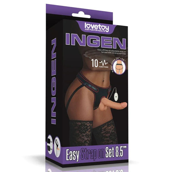 Lovetoy Ingen Vibrating Easy Strap-On Set 8.5 inch retail box with 10 functions badge