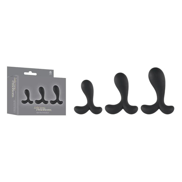 Intense Emotions set of 3 curved butt plugs in Black, lined up beside the grey box
