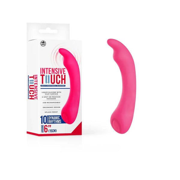 Intensive Touch 15 cm vibrator in Pink, curved G-spot tip beside its retail box