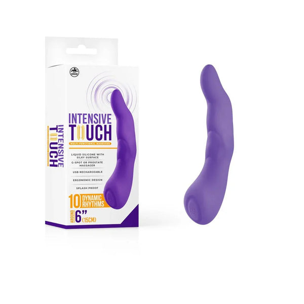 Intensive Touch 15 cm vibrator in Purple, contoured shaft beside its retail box