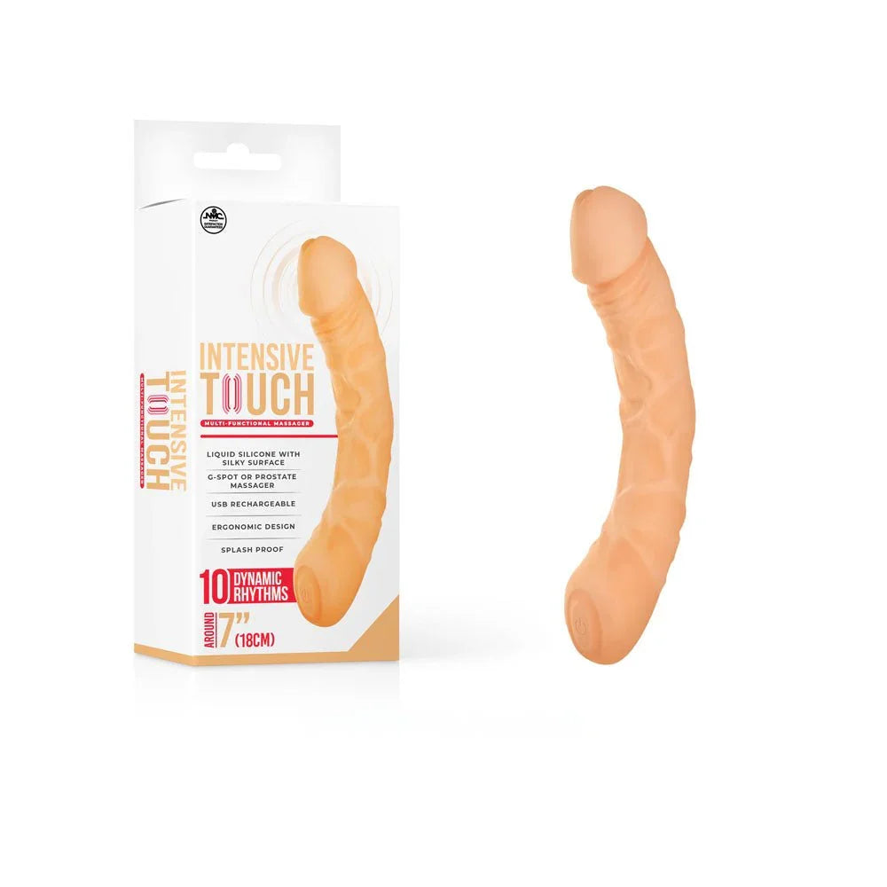 Intensive Touch 18 cm realistic vibrator in Flesh, veined curved shaft beside its box