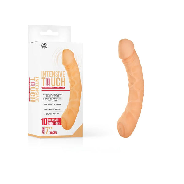 Intensive Touch 18 cm realistic vibrator in Flesh, veined curved shaft beside its box