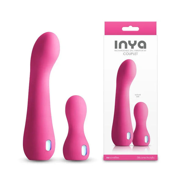 INYA Couplet vibrator set in Pink, a G-spot vibe and a bullet beside the INYA box