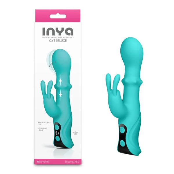 INYA Cyberluxe rabbit vibrator in Aqua with sliding ring, beside its INYA box