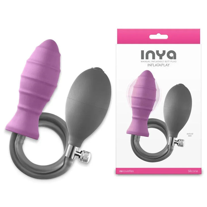 INYA InflataPlay inflatable butt plug in Pink with grey hand pump, beside its INYA box